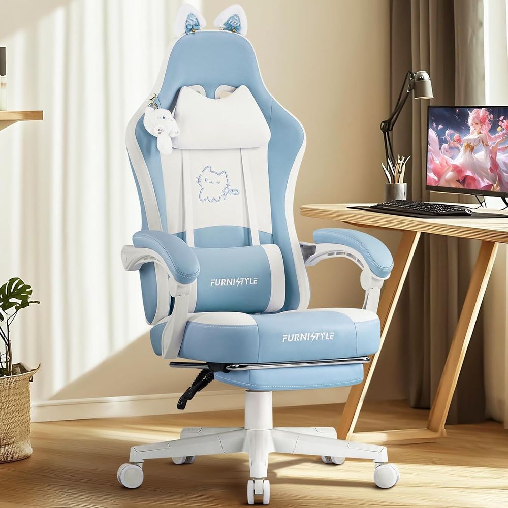 Gaming & Esports District - Ergonomische blauw/witte gamingstoel met lendensteun en